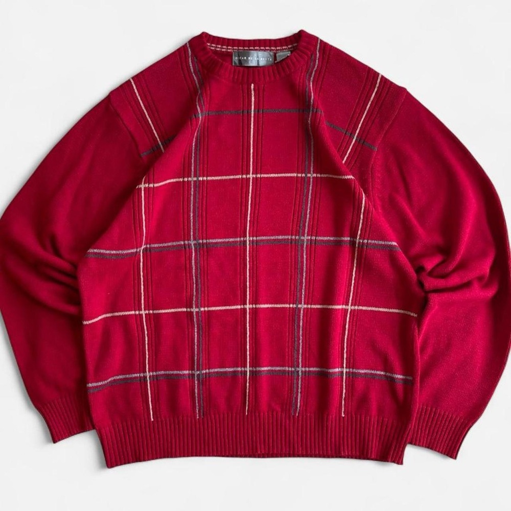 Oscar De La Renta Red Cotton Knit Plaid Crewneck Sweater XL Preppy Window Pane
